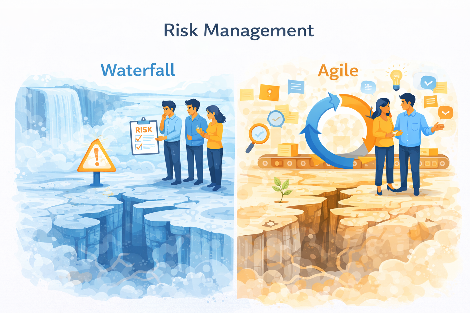 Illustration showing different approaches to risk management in Waterfall and Agile, highlighting upfront risk analysis versus continuous risk discovery and mitigation.